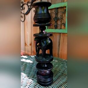 Vintage Ebony Wood hand carved elephant candlestick candle holder